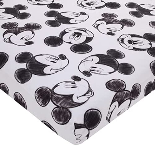 Disney Mickey Mouse - Charcoal Black and White Smiling Mickey Mouse Nursery Fitted Mini Crib Sheet 24" x 38" (61cm * 97 cm) - Disney Mickey Mouse Smiling