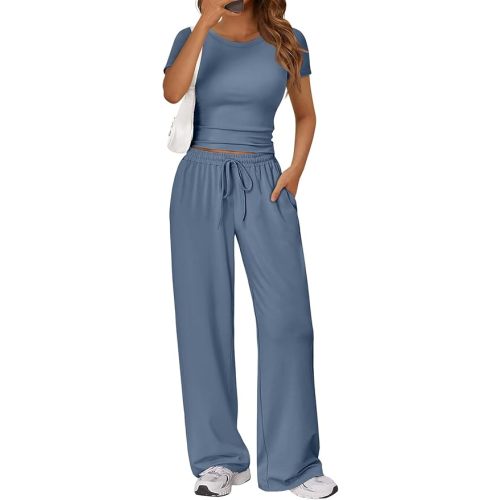 2 Piece Matching Summer Lounge Set Womens Side Ruching Top Wide Leg Pants Sets with Pockets