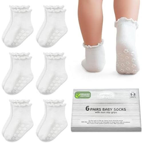 Mother's Choice Organic Cotton Blend Baby Socks 6M–5Y, Non-Slip 6 Pairs Grip Ruffle Socks For Infants & Toddlers, Daily Use