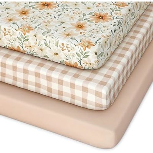 Unnivoll Pack and Play Sheets Fitted 3 Pack, Mini Crib Sheets for Pack N Play Mattress Stretchy Portable Playard Sheets, Soft Breathable Orange Flowers & Plaid