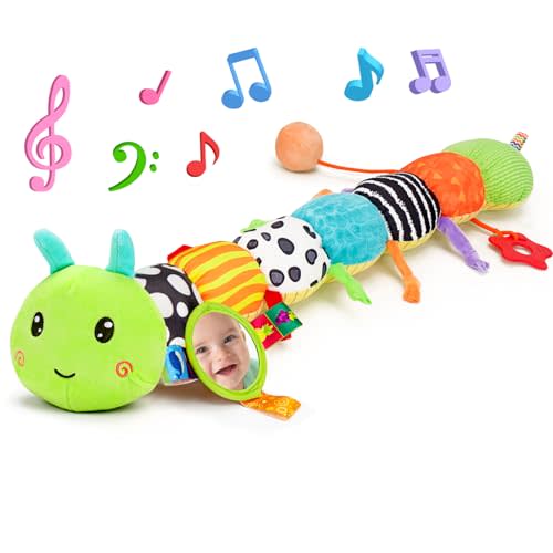 Topsochir Baby Sensory Toy 0-6 Month Music Animal Stuffed Plush Caterpillar Toy for Infant 0-3-6-12 Month Old Tummy Time with Baby Mirror Crinkle Rattle Carseat Toys for Newborn Boys Girl Shower