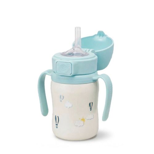 Grosmimi Stainless Steel Straw Cup with Flip Top - 6oz (12 Months+) Air Balloon Blue 6oz