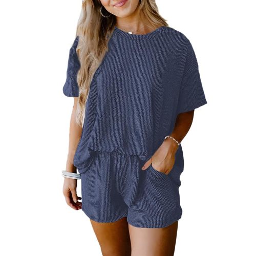 SHEWIN Two 2 Piece Sets for Women Short Sleeve Shirts High Waisted Shorts with Pockets Pajamas Lounge Matching Set