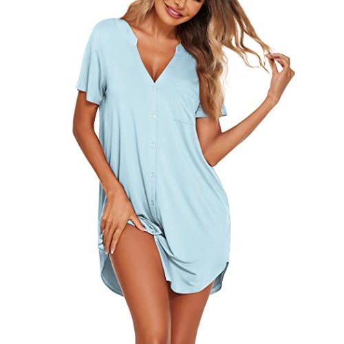 Ekouaer Women V Neck Button Down Nightgown