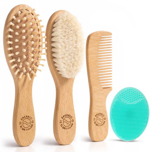 Baby Hair Brush and Comb Set for Newborn – Wooden Baby Brush with Soft Goat Bristle, Cradle Cap Brush for Newborns, Boys and Girls, Blue