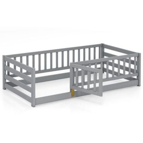Costway Twin Size Floor Bed w/High Fence & Door Safety Guardrails Wood Floor Bed Frame Gray