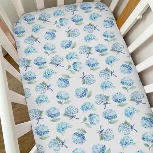 Blue Hydrangea Bows Baby Crib Sheets for Boys Girls Preppy Bows Floral Ribbon Soft Snug Fitted Crib Mattress Covers for 52''x28'' Standard Crib & Toddler Mattress Pastel Hydrangea Flowers Bed Sheets