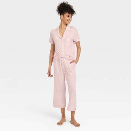 Women's Cloud Knit Modal Short Sleeve Notch Collar Top and Capri Pants Pajama Set - Auden™ Pink/Striped L: Modal-Spandex Blend