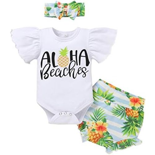 IMEKIS 3PCS Newborn Baby Girls Summer Holiday Outfit Set, Pineapple Print Romper with Shorts and Headband