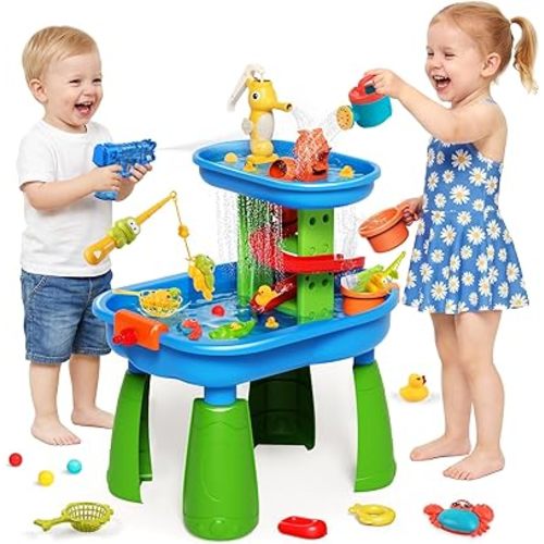Toddler Water Table - Sensory Table for Kids with 28 Piece Sand Water Toy Set, Outdoor Water Play Table with Rain Shower Sprinkler, Summer Easter Gift STEM Toy for Boys Girls Ages 3 4 5 6 7 8