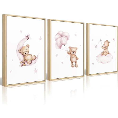 Asdg12s-Bear Nursery Wall Art Decor Set of 3 Teddy Bear Wall Art Baby Girl Canvas Wall Decor Pink Pictures Balloon Nursery Children Prints Artwork Moon Star Cloud Art for Boys Room Bedroom