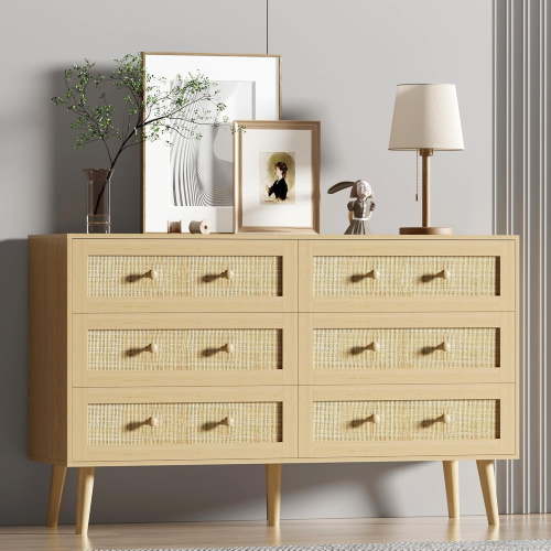 FANRAL Dresser for Bedroom with 6 Drawer,Boho Natural Rattan Chest of Dressers,Wood Dresser for Bedroom,Natural Oak Dresser