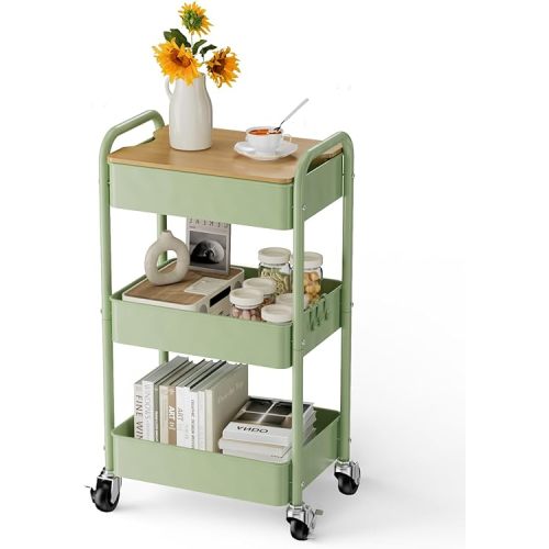 3 Tier Rolling Cart with Table top, Metal Rolling Utility Cart, Sturdy Storage Organizer Cart with Locking Wheels & Hooks for Office, Classroom, Kitchen and Bathroom