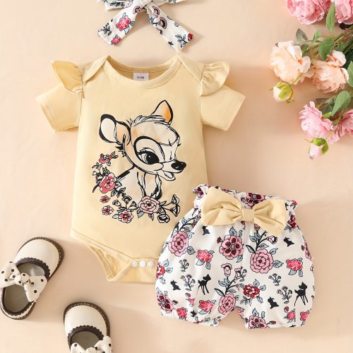 Adorable Print Short Sleeve Shorts Romper Set with Headband, Perfect for Outdoor