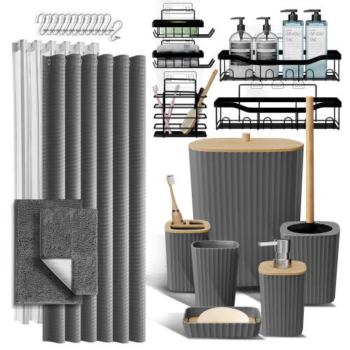 Hearth & Harbor 27 Piece Bamboo Bathroom Sets, Gray Bathroom Accessories Set with Bathroom Rugs and Shower Caddy Set