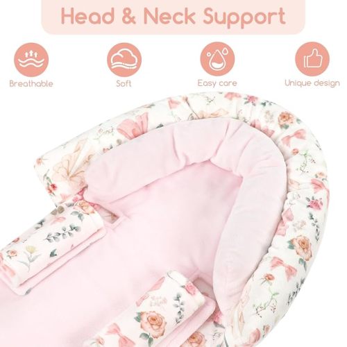 GFU Baby Car Seat Head Support for Newborn, 2 in 1 Infant Car Seat Head Body Support with Strap Pads, Soft Stroller Cushion Pillow Insert for Girls, Fits for Stroller, Swing, Pink Floral
