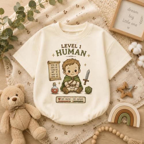 Level 1 Human Baby Romper, Fantasy RPG Baby Outfit, Gamer Baby Clothes, Funny Adventure Infant Gift, Personalized Newborn Romper