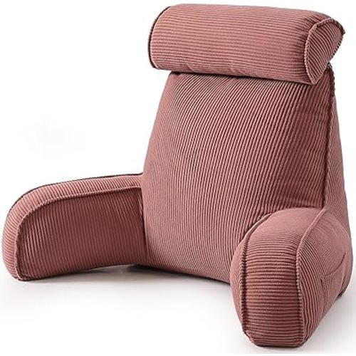 Corduroy Reading Pillow with Arms & Detachable Neck Roll, Bed Rest Back Support, Adult Cushion for Sitting Sofa & Floor, Side Pockets & Washable Cover, Brick Brown