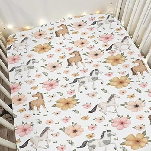 Watercolor Horse Floral Baby Crib Sheets for Boy Girl 52"x28" Running Horses Boho Flowers Soft Snug Fitted Crib Mattress Cover Wild Animals Baby Sheet for Standard Crib & Toddler Bed Mattresses