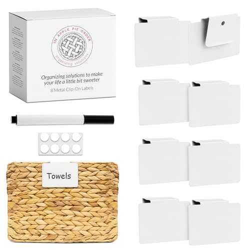 Labels for Storage Bins | Metal Storage Bin Clips (2.5 x 3.5) - Set of 8 Basket Clip On Tags for Storage Bins w/Non-Slip Grip Pads & Dry Erase Marker - Removable Bin Labels for Storage Baskets