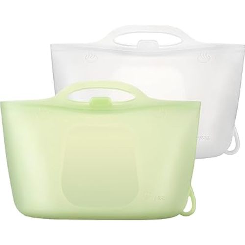 Silicone Travel Bottle Sterilizer Bags | 2000ml Microwave Steam Sterilizer Bags for Baby Bottles, Breast Pump & Pacifiers, Reusable Steam Sterilizing Bags for Travel and Home Use (Clear+Green)