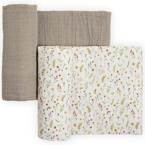 Little Unicorn 100% Certified Natural Organic Cotton Muslin Swaddle Blanket 2 Pack | Giftable Set of 2 swaddles (Floral Field)