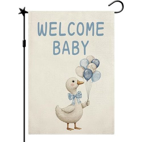 Welcome Baby Garden Flag, Welcome Home Baby Boy Yard Sign for Outside Double Sided Holiday Home Yard Silly Goose Decor 12.5 x 18 In