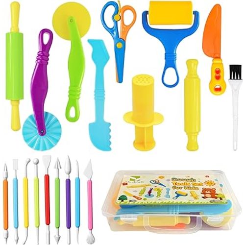 Kleeblatt Dough Tools Set for Kids - 19 Pcs Playdough Kit with 9 Basic Dough Tools, 9 Double-Headed Clay Carving Tools & Cleaning Brush, Safe for Toddlers Ages 2-8, for Clay/Plasticine/Sand
