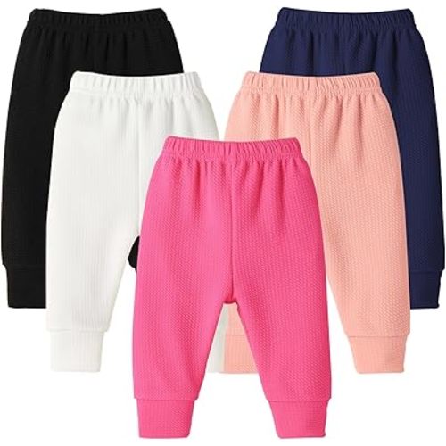 DREAM BUS 5 Pack Baby Girl Pants Toddler Girls Sweatpants Newborn Solid Jogger Pants Fall Baby Girl Waffles Leggings 3-6 months