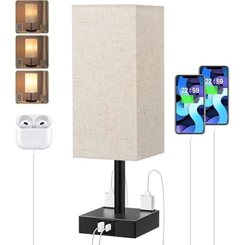 Touch Bedside Table Lamp for Nightstand - 3-Way Dimmable Night Lamp with USB A + Type C Charging Ports and Two AC Outlets, Small Desk Light with E26 LED Bulb for Bedroom Living Room Dorm, Beige