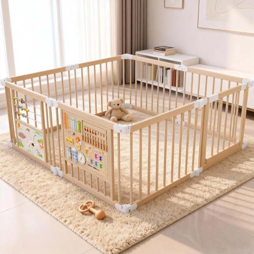 Foldable Wooden Baby Playpen 63"x63"x24" with 2 Game Boards, 10+ Toy Set, 2.6in Safe Gap, 8-Panel Custom Shapes, Large Play Yard Fence for Toddlers