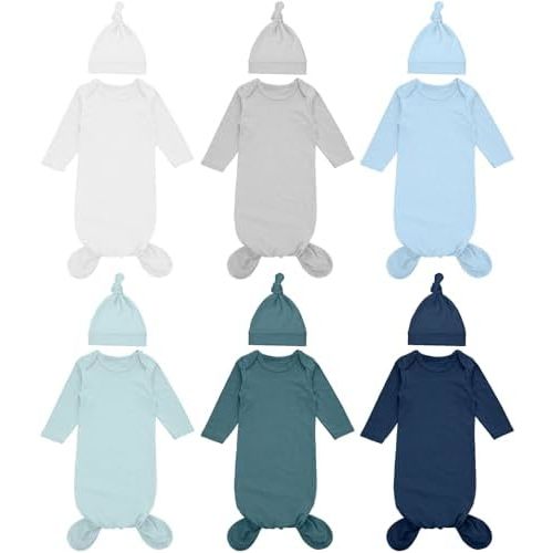 Cuffbow 6 Packs Newborn Baby Knotted Gowns Set 0-6 Months Cotton Sleeper Long Sleeve Nightgown and Hat Set for Infant Baby