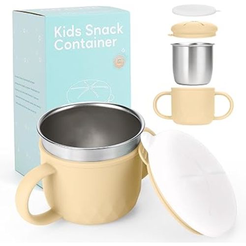 Toddler Snack Containers Stainless Steel Spill-Proof Snack Containers for Toddlers with Spill-Proof Silicone Lids and Handles 4-in-1 Baby Snack Cup is Dishwasher Safe for Easy use On The Go（Yellow）