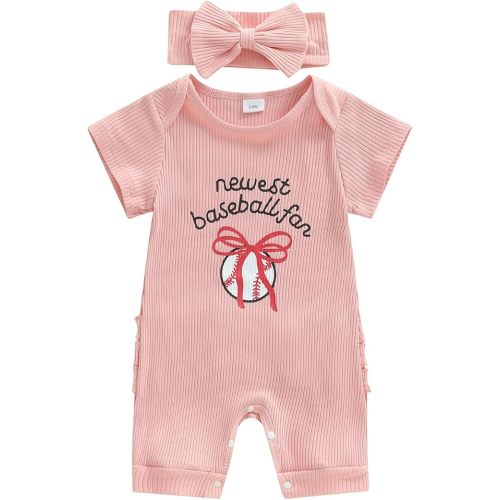 Baby Girl Baseball Outfits Newborn Jumpsuit 0-18M | Short Sleeve Crewneck Letter Embroidery Bow Romper with Headband Set, Infant Summer Clothes, Casual Wear
