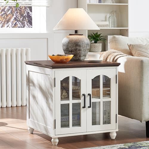 RWYHG Farmhouse 24" End Table with Charger, Glass Barn Door, White | USB Ports, Solid Wood Legs, Adjustable Storage Shelf, Square Bedside Table for Living Room,Bedroom