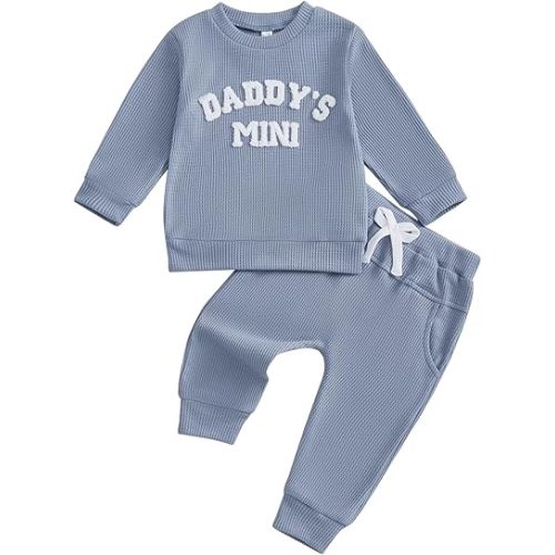 PUHHAPIEY Toddler Boy Fall Outfits Baby Clothes for 6 12 18M 2 3T Daddy's Striped Waffle Knit Sweatshirt + Jogger Pants
