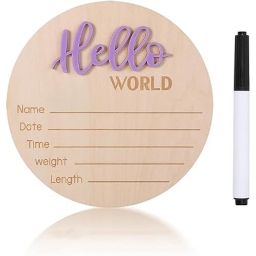 Baby Announcement Sign, ​5.9 Inch Wooden Hello World Newborn Welcome Sign, Birth Announcement Sign for Hospital, Newborn Name Sign Plaques for Photo Props Baby Shower Nursery(Purple,Pen)