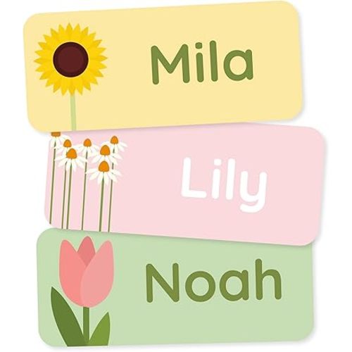 Personalized Name Labels for Kids (60) – Custom Waterproof & Durable Stickers for Clothing, Daycare, Office & School Supplies - Flowers