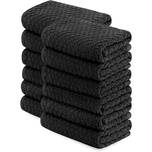 Super Absorbent Kitchen Towels 12 Pack - Premium 100% Cotton Kitchen Towels, 450GSM Thick Machine Washable Black Dish Towels for Kitchen Drying, Cleaning, Dobby Weave, Unmatched Quality
