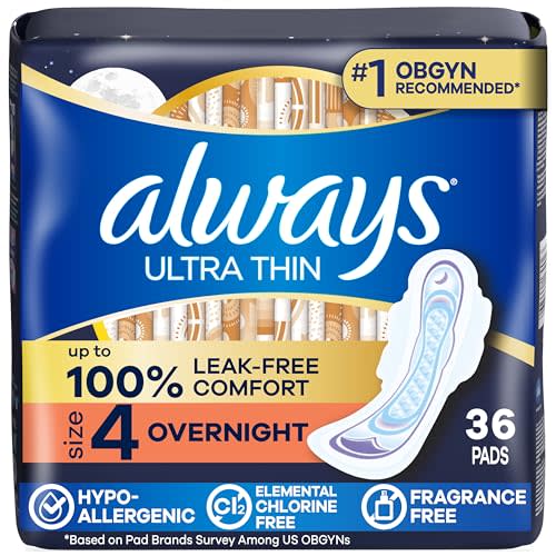 Always Ultra Thin Feminine Pads with Wings for Women, Size 4, Overnight Absorbency, Unscented, Up to 100% Leak-Free Comfort, 36 Count