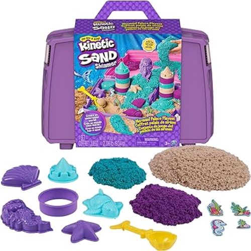 Kinetic Sand, Mermaid Palace Playset with 2.06lbs Play Sand (Neon Purple, Shimmer Teal & Beach), Tools & Folding Sandbox, Sensory Toys for Kids