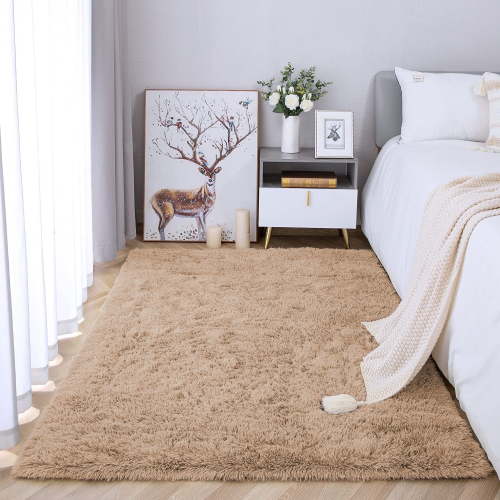 Softlife Fluffy Bedroom Rug Plush Fuzzy Rugs for Living Room,Super Soft Shaggy Carpet For Home Decor,4'x5.3',Light Tan