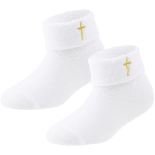 Baptism Socks for Baby Girls - White Newborn Christening Socks With Cross & Eyelet Frilly Lace