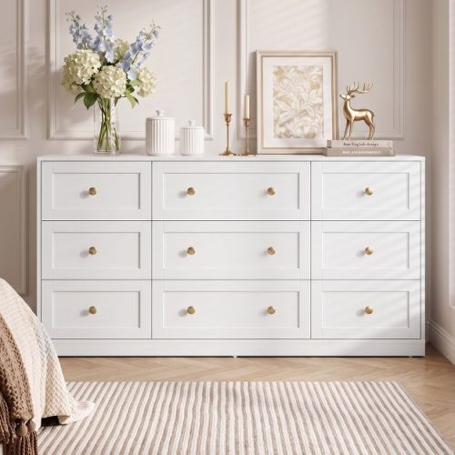 Heynemo White 9-Drawer Dresser, Wide Chest of Drawers With Gold Metal Knobs, Anti-Tip Storage Dresser Cabinet For Bedroom, 59 Inch Clothing Organizer
