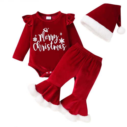 Younger Tree Newborn Baby Girl Christmas Outfits Toddler Red Santa Long Sleeve Romper Pants Hat Clothes Set for 0-3 Months