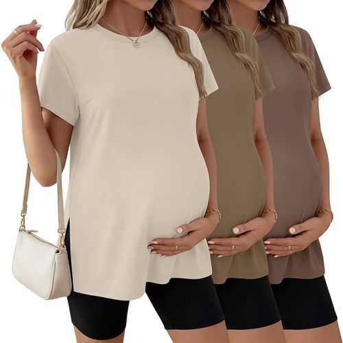 Ficerd 3 Pack Women's Maternity T Shirts, Short Sleeve Side Split Pregnancy Tops Casual Crew Neck Pregnant Tees Mama Clothes