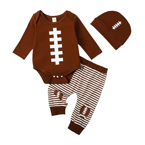 MBMSHEGH Newborn Baby Boy Football Outfit My First Game Day Long Sleeve Romper Football Jogger Pants+Hat Fall Winter Clothes