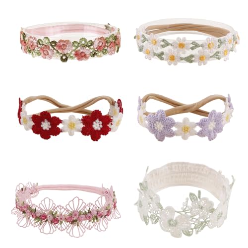 cherrboll Flower Bows Headbands for Baby Girls, 6pcs Floral Hair Wraps Nylon Hairbands Crown Newborn Infant Toddler Hair Accessories