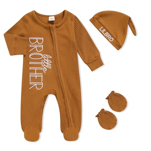 Newborn Baby Boy Outfits Zippered Romper Letter Embroidered Coming Home Jumpsuit with Hat Mittens