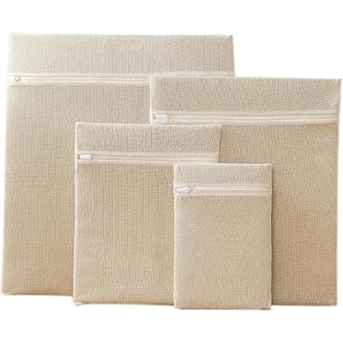 4-Piece 100% Cotton Mesh Laundry Bags, Premium Soft No-Dye Natural Delicate Bags with Sturdy Zippers, Breathable for Underwear, Socks, Clothes & Pants